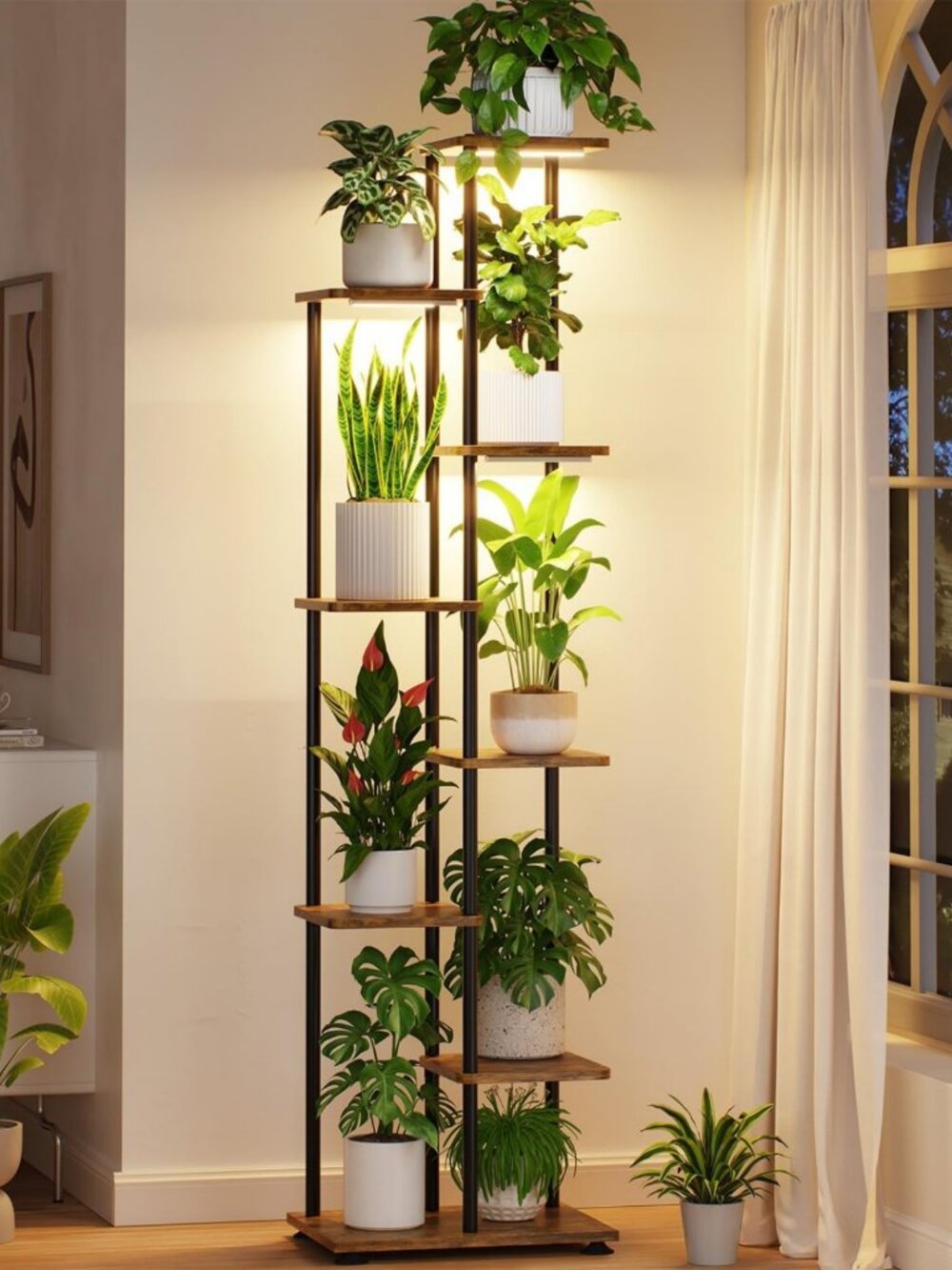 Tall Wooden Plant Stand Shelf with Grow Light - 7 Tier Indoor Corner Display